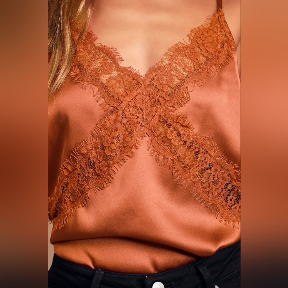 Lulu's Sweetest Kiss Rust Orange Satin Lace Cami Top - Picture 15 of 16